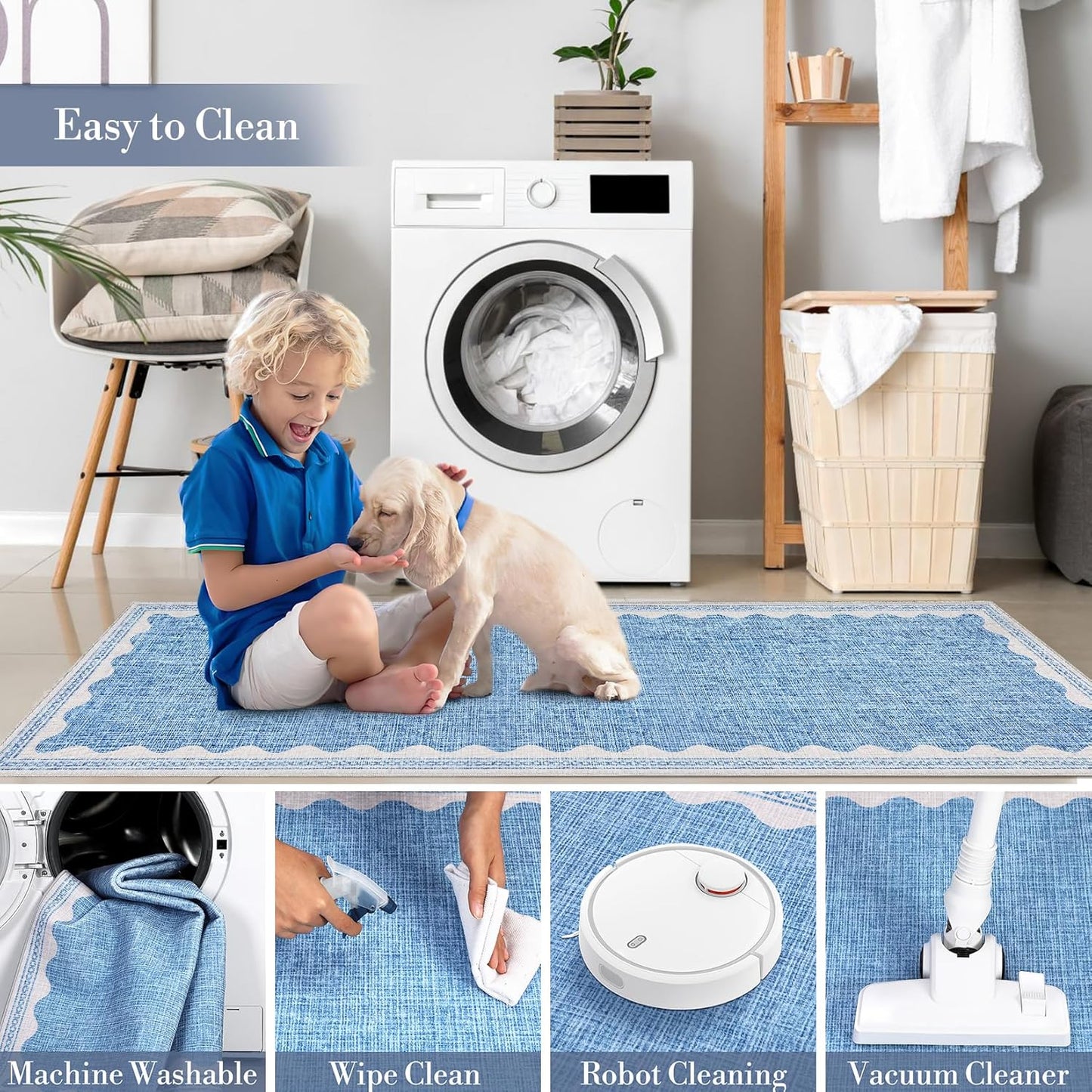 Scalloped Washable Rug 5x7 Area Rugs for Living Room, Solid Blue Rug for Bedroom Girls, Non Slip Scalloped Rugs Throw Mat with Rubber Back, Soft Dorm Nursery Low Pile Carpet for Dining Room