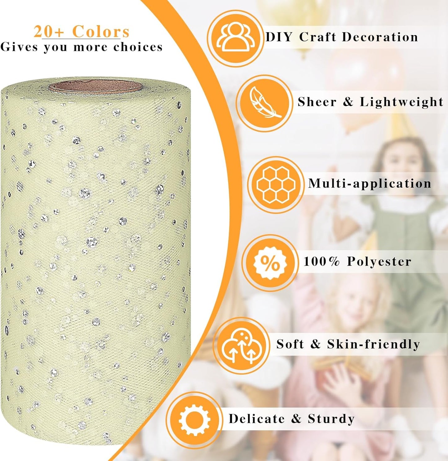 Glitter Tulle Rolls, 6' by 50 Yards (150FT) Sequin Tulle Netting Fabric for Tutu Skirts Sewing Birthday Wedding Party Decoration (Ivory)