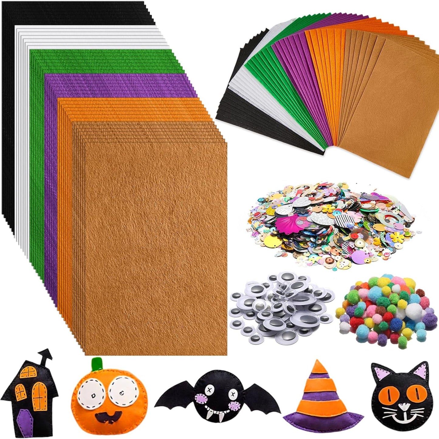 42Pcs Halloween Felt Fabric Sheets 8 x 12 Inch Black Purple Assorted Soft Thick Felt Pack with Wiggle Google Eyes Pom Poms Glitter Patchwork for Halloween DlY Sewing Creative Art Project Decor