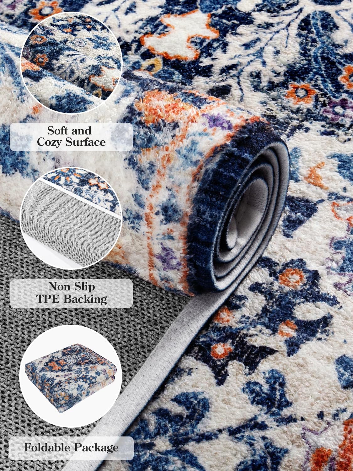Lahome Bohemian Floral Medallion Area Rug - 3x5 Blue Soft Entryway Rug Washable Bedroom Mat, Cute Non Slip Indoor Office Carpet for Kitchen Mudroom Bathroom Coffee Table Hall Foyer