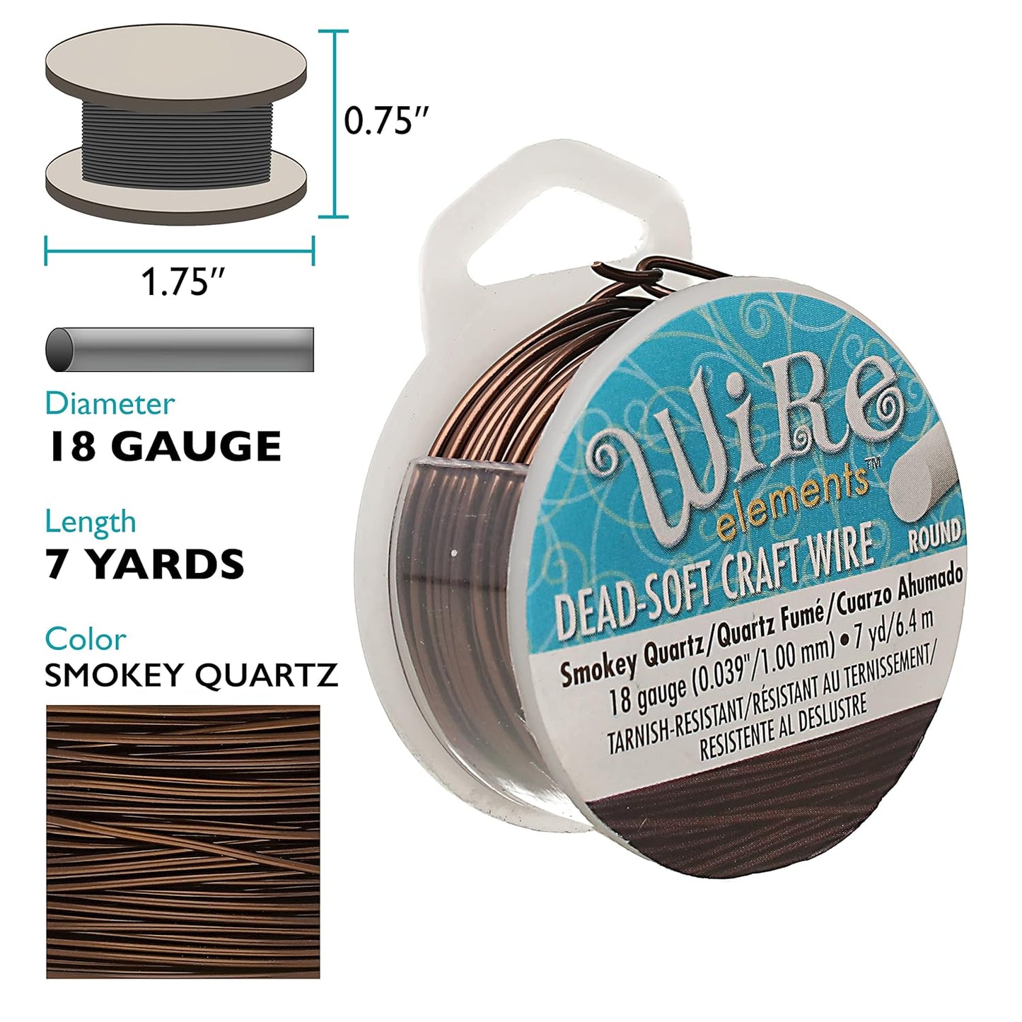 The Beadsmith Wire Elements Craft Wire – Tarnish Resistant, Soft Temper, Round, Smoke Quartz Color – 1mm, 18 Gauge, 7 Yard Spool – Jewelry Making, Wire Wrapping, Floral, & Other DIY Crafts