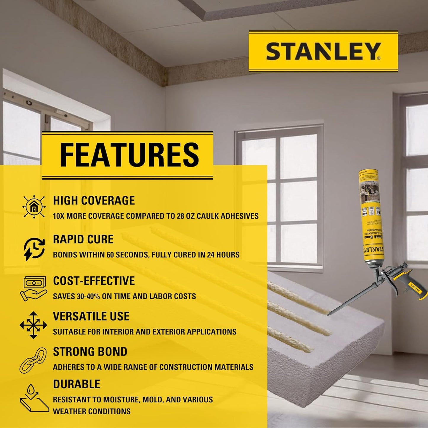Stanley Quick Bond Adhesive Foam - 12x24oz, Reliable Bond Adhesive for Various Materials, Strong bonding, No Mixing, Gun Use, Gun NOT Included | 12 Pack