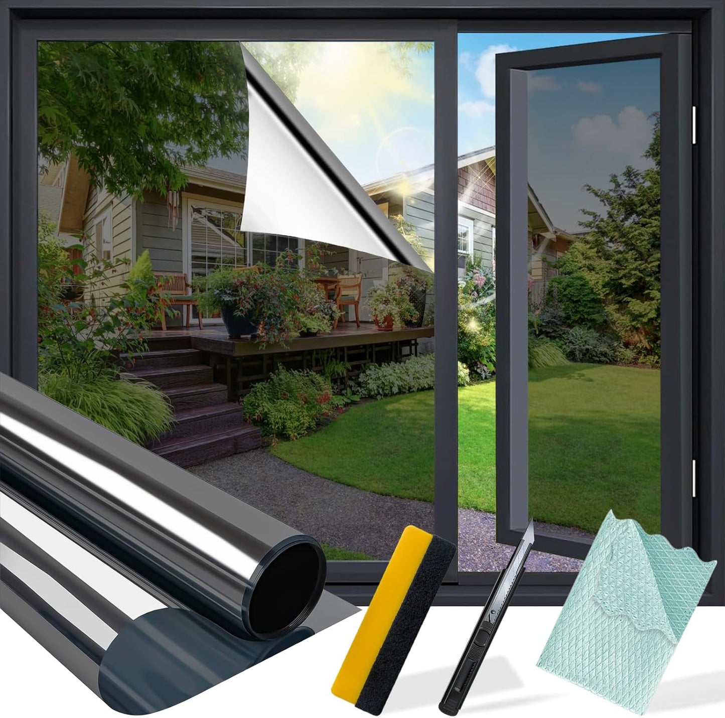 Niviy One Way Window Privacy Film with Installation Tools, Window Tint for Home, Reflective Window Film See Out Not in for Home Office,Black Silver, 35.4 Inch X 118 Inch