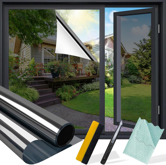 Niviy One Way Window Privacy Film with Installation Tools, Window Tint for Home, Reflective Window Film See Out Not in for Home Office,Black Silver, 35.4 Inch X 118 Inch
