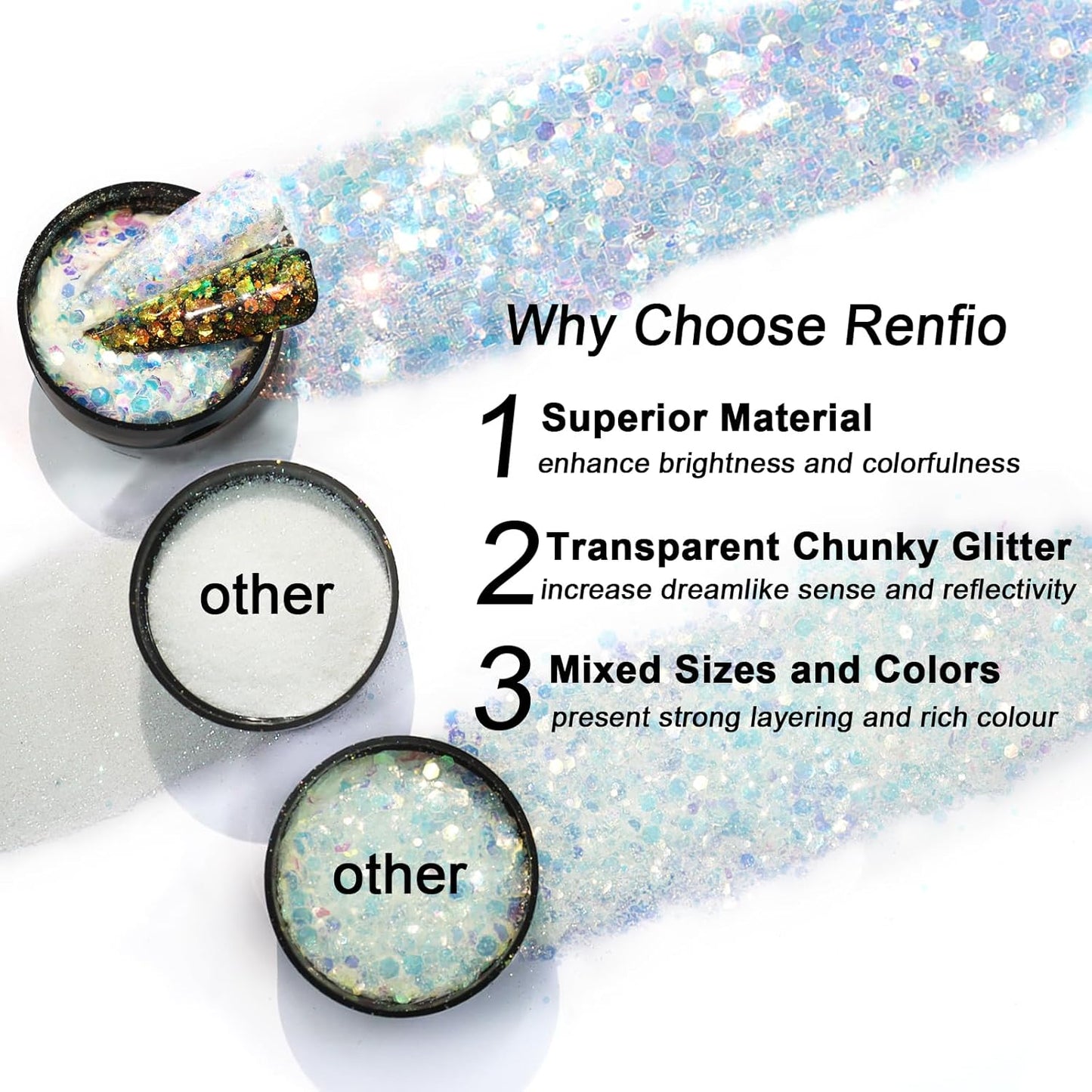 Renfio Opal Chunky Glitter, 1.75oz/50g Pink Glitter, Dreamy High Sparkle Glitter for Crafts Holographic Fine Glitter Mix Iridescent Glitters Flake for Resin Nails Art Hair DIY Snow Globe - Pink Coast