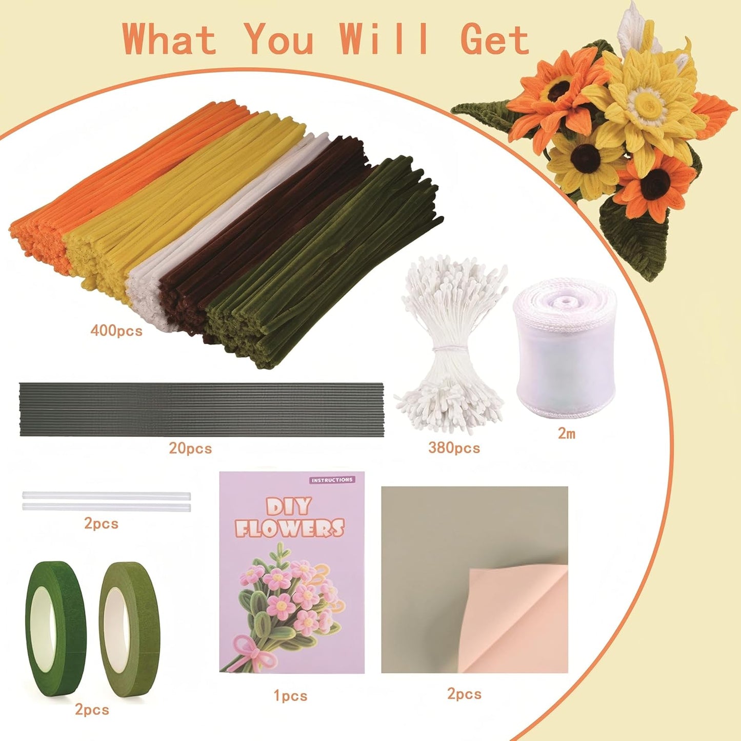 Pipe Cleaners Craft, 400pcs Pipe Cleaners with Flower Stems, Floral Tape, Ribbon, for Flower Bouquet DIY-Sunflower