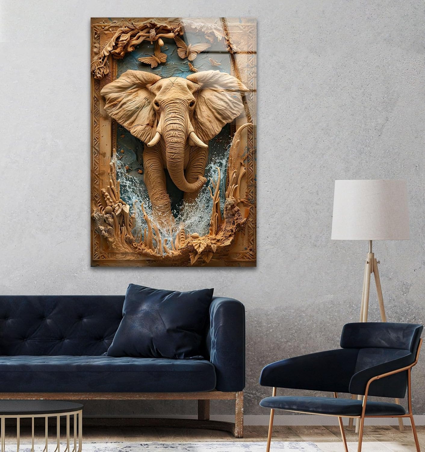 My Photostation.com 18Wx28H'' Elephant Carving Glass Wall Art Tempered Glass Printing Wall Decor Large Wall Art Wall Hangings