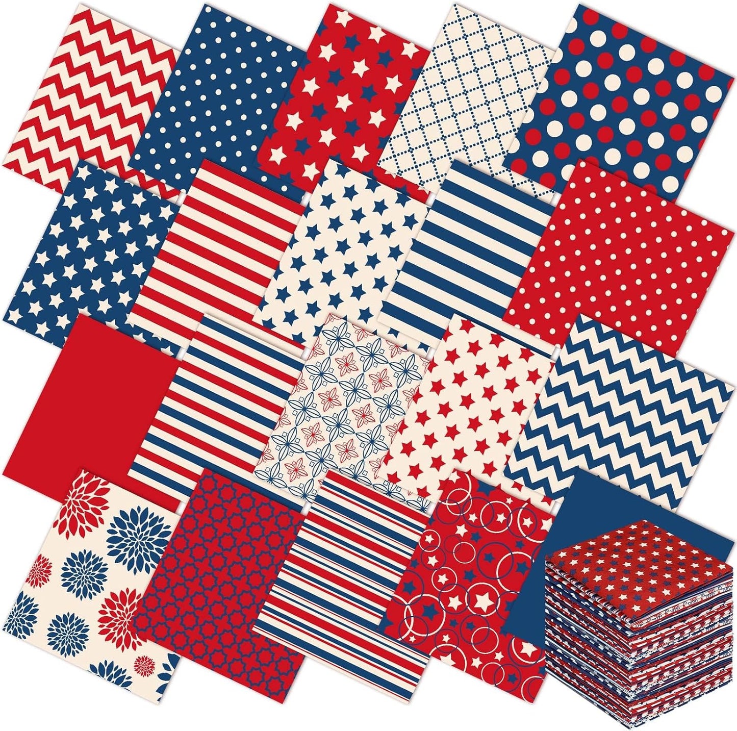 Ganeen 60 Pcs 10 x 10 Inch Vintage Patriotic Quilting Fabric Squares Red Blue White Fabric Bundle Retro 4th of July Fat Patchwork Precut Stripes for Memorial Day Handmade Material Sewing DIY Crafts