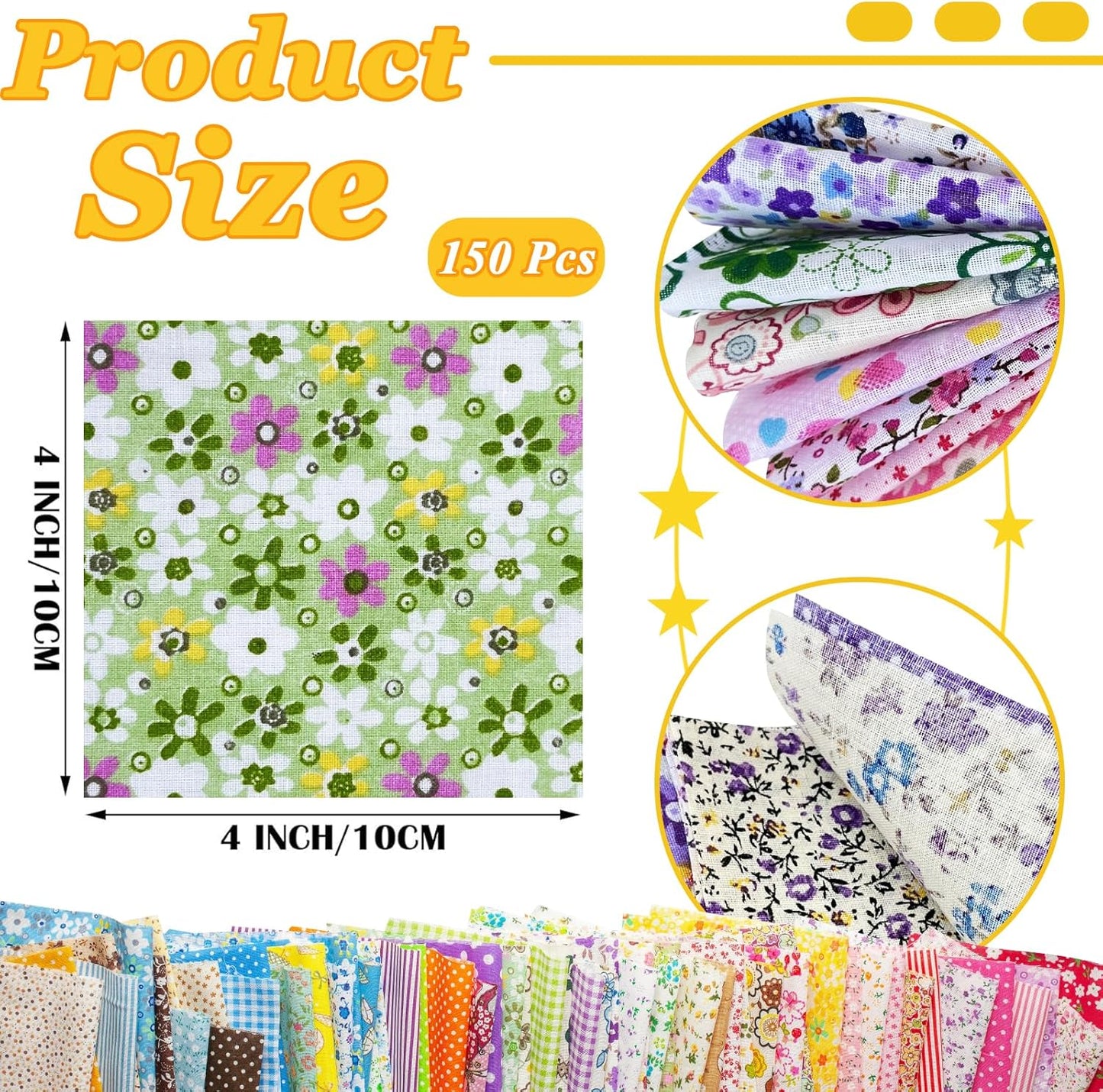 150 Pcs Cotton Craft Fabric Bundle Squares, Multicolored Abstract Pattern, 4 x 4 Inch, Pre-Cut Quilt Squares
