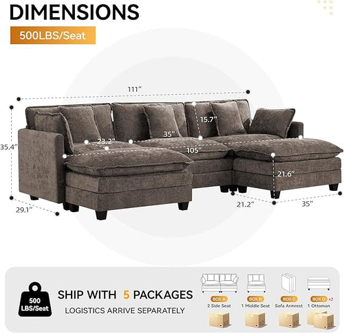 111'' Sectional Cloud Deep Seat Couch, Oversized Chenille U Shaped Sectional - Image 2