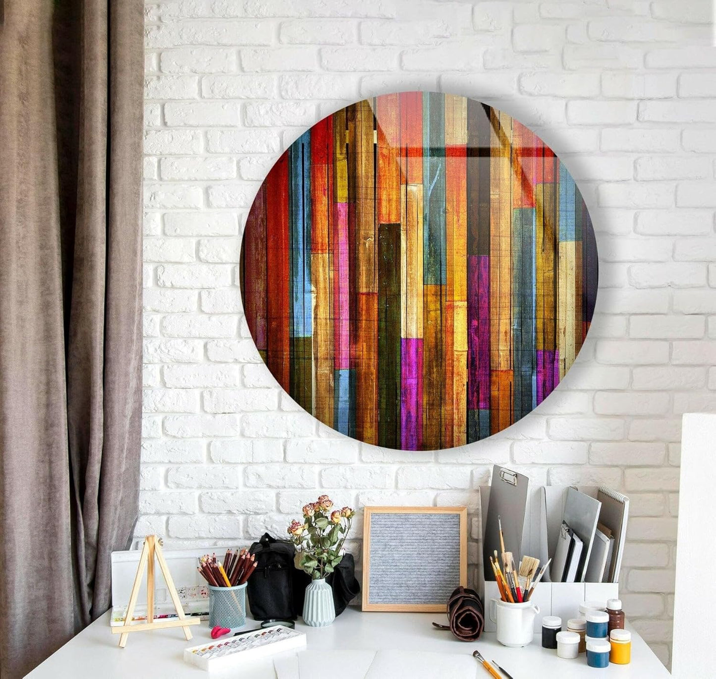 My Photostation.com 20''(50cm) Diameter Colorful Wood Pattern Round Glass Wall Art Tempered Glass Printing Wall Decor Large Wall Art Wall Hangings