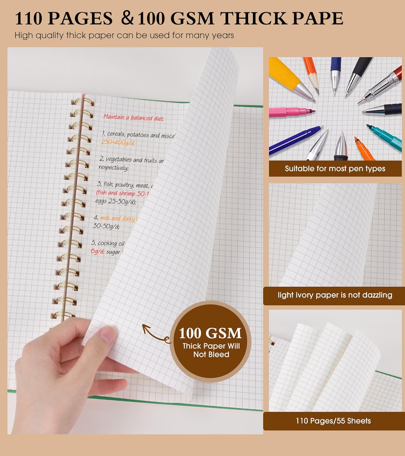 Graph Paper Notebook, Spiral Notebook Journal 8.5” x 11”, A4 Large Grid Notebooks for Women Men, 100 GSM Graph Paper, Plastic Hardcover Spiral Graphing Journals for Work School Engineerin, Green