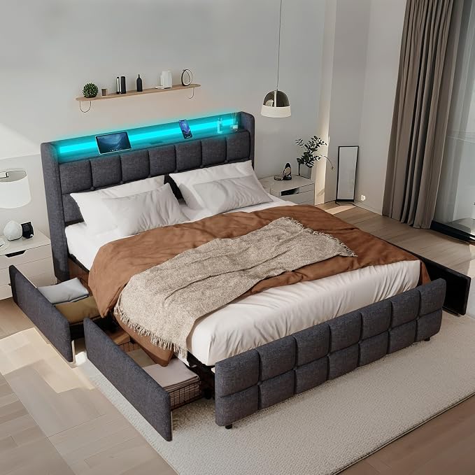 Full Size Bed Base with Multiple Color LED Lighting, Linen Upholstered Bed - Image 3