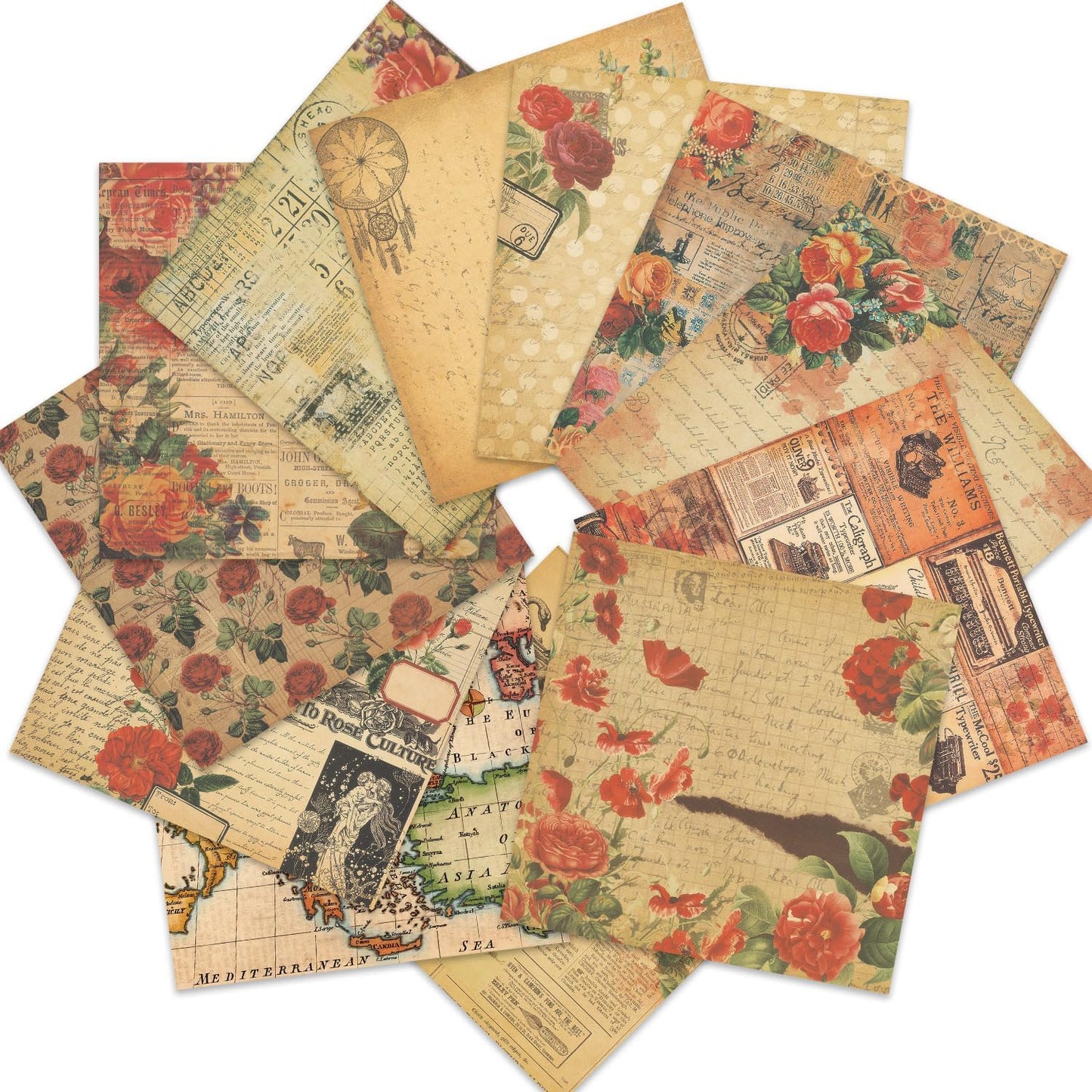 Vintage Scrapbook Paper 12 ×12 - 24Sheets Double-Sided Retro Rose Patterned Paper Junk Journaling Scrapbooking CardStock Papers Pad for Cardmaking DIY Origami Craft Papers.