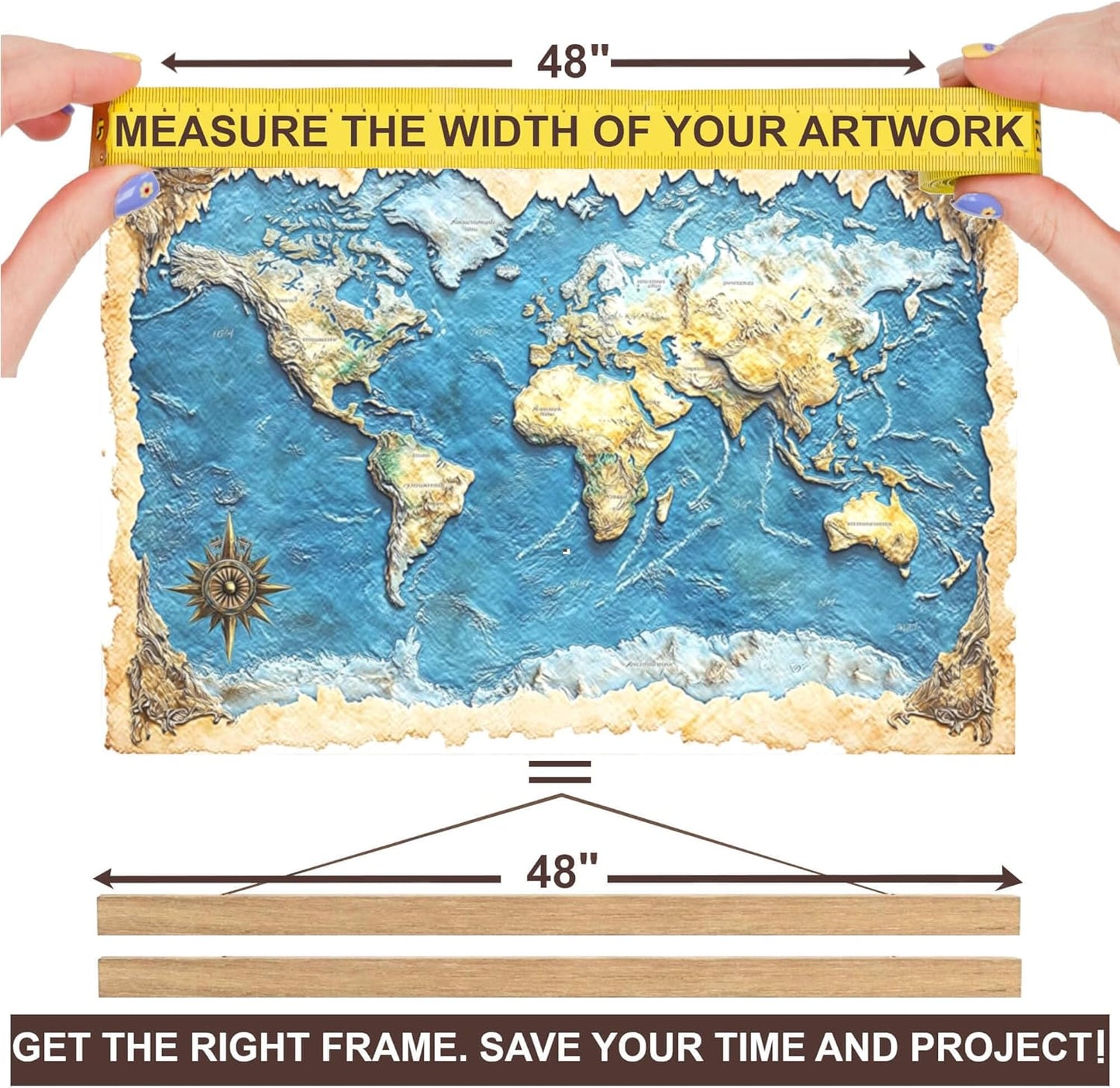 DACRI HOME 48" Sturdy Magnetic Poster Hanger Frame - Teak Wood Poster Frame, Strong Magnets for Safe Hanging Maps Pictures Print Scroll Wall Art (48 Inch, Natural Wood)