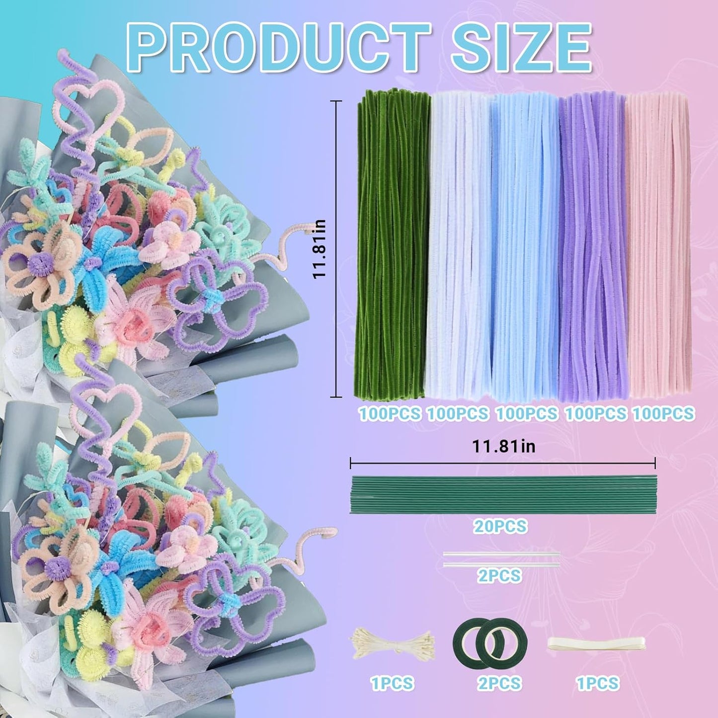 400 Pcs Pipe Cleaners Craft Kit and Craft Supplies Set, 4 Colors Chenille Stems Craft Kits. Includes Floral Tape, Wire, Stems and More, DIY Arts and Crafts Supplies for Flower Making (Colorful)