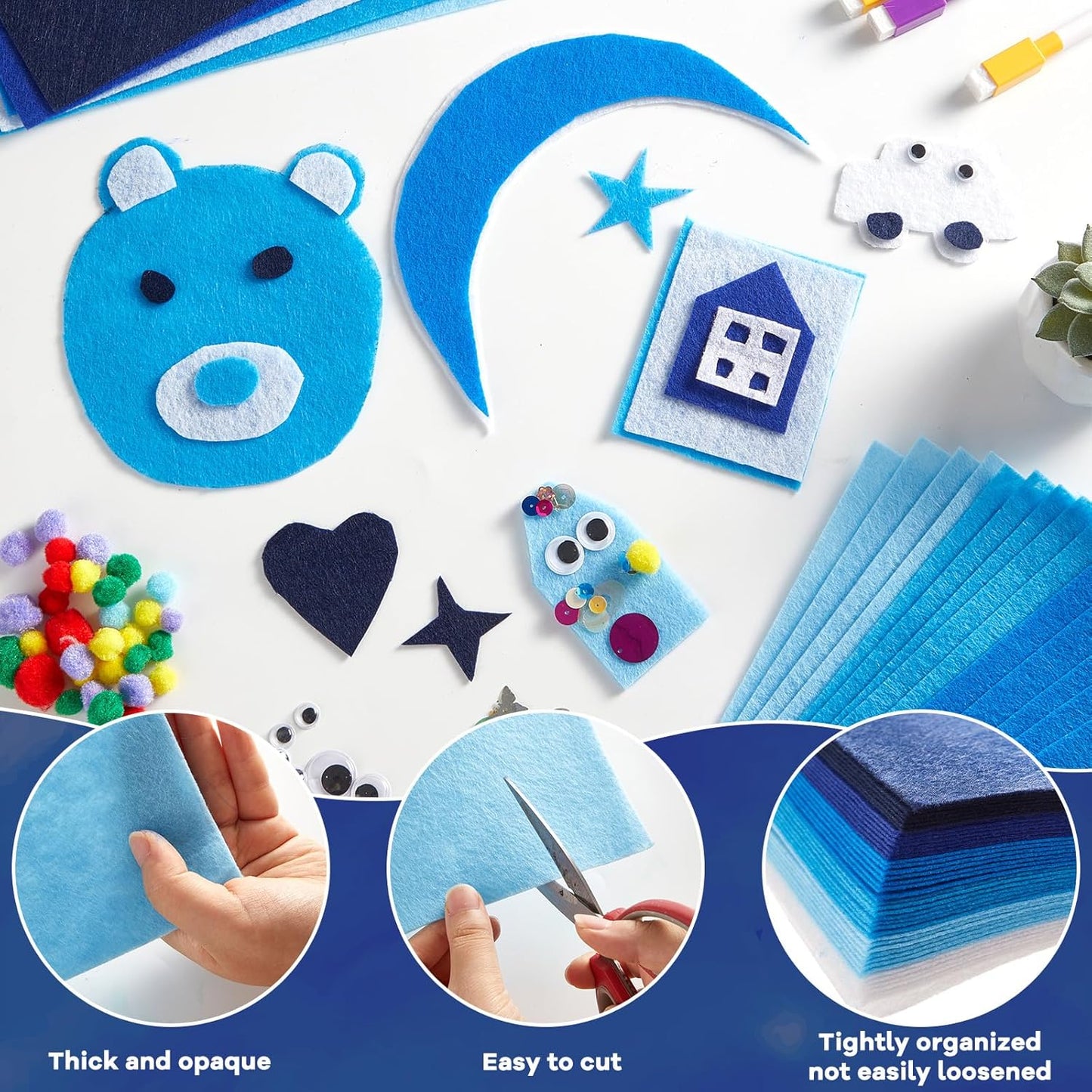 gisgfim 42Pcs Blue Felt Fabric Sheets Craft Kit 8 x 12 Inch Assorted Soft Thick Winter Blue Felt Pack with Wiggle Google Eyes Pom Poms Glitter Patchwork Craft for DlY Sewing Creative Art Project Decor