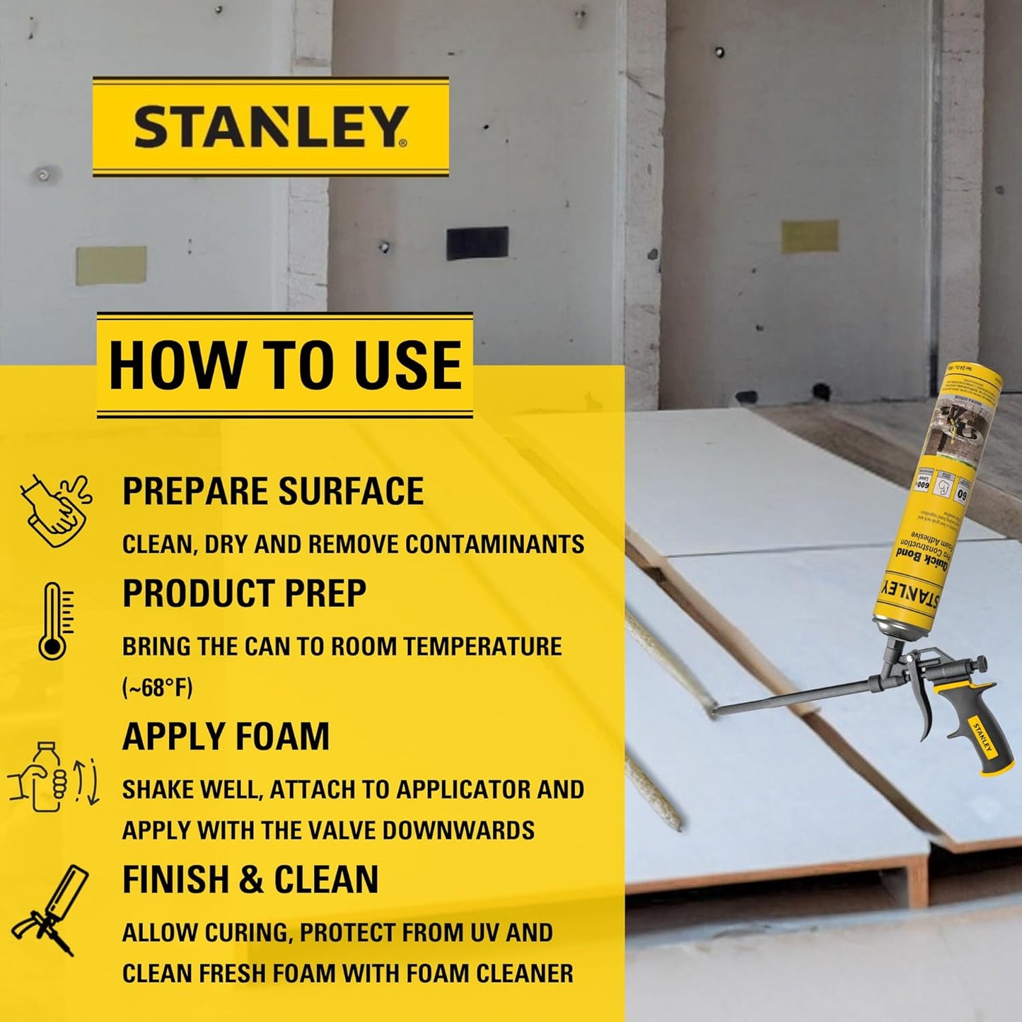 Stanley Quick Bond Adhesive Foam - 12x24oz, Reliable Bond Adhesive for Various Materials, Strong bonding, No Mixing, Gun Use, Gun NOT Included | 12 Pack