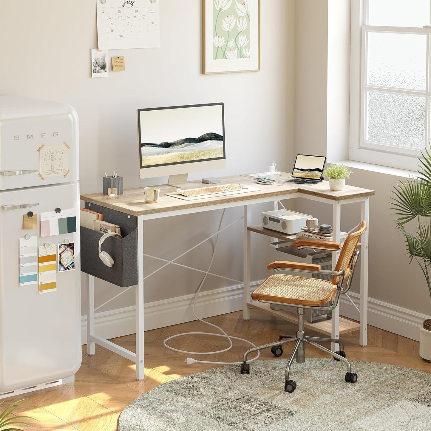 TIQLAB L Shaped Computer Desk with Power Outlets, 40 Inch Small Corner Desk with Reversible Shelves, Gaming Desk Computer Table Study Writing Table for Home Office Bedroom Small Space, Maple