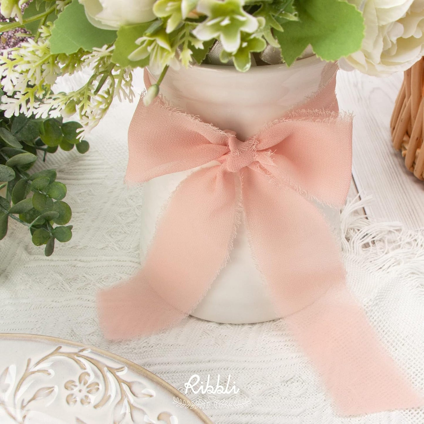 Ribbli Chiffon Ribbon 1.5 inch x 30 Yard Handmade Silk Ribbon, Ivory/Blush Pink/Sage Green Fringe Chiffon Ribbon for Wedding Invitations, Bridal Bouquets Wrapping, Flower Arrangement Decoration