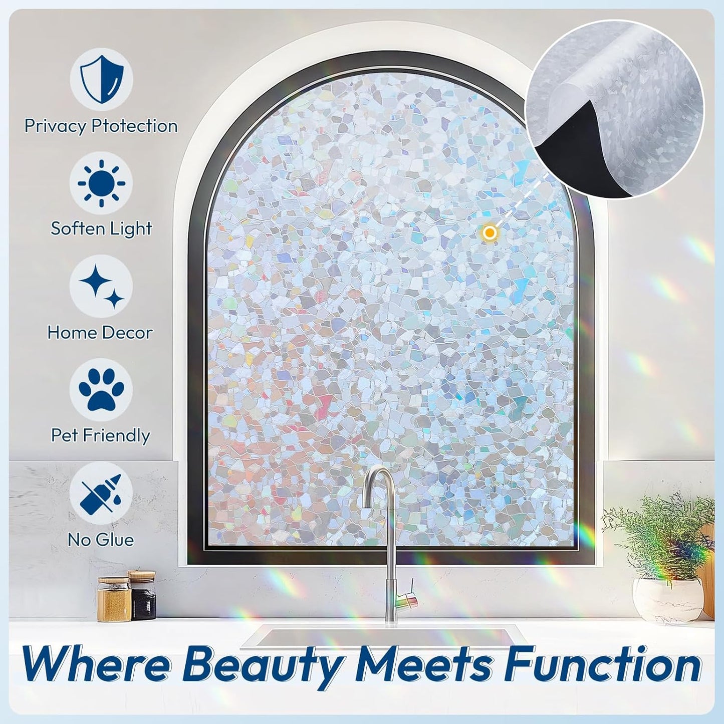 rabbitgoo Rainbow Window Privacy Film Decorative Stained Glass Diamond Pattern Window Sticker with Iridescent Tint Non-Adhesive Static Cling for Home Office Crystal Pattern, 17.5 x 118.1 inch