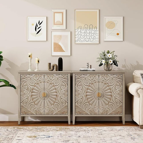 31.5" Farmhouse 2-Door Carved Accent Storage Cabinet, Vintage Distressed Floral by YHAOWORKS