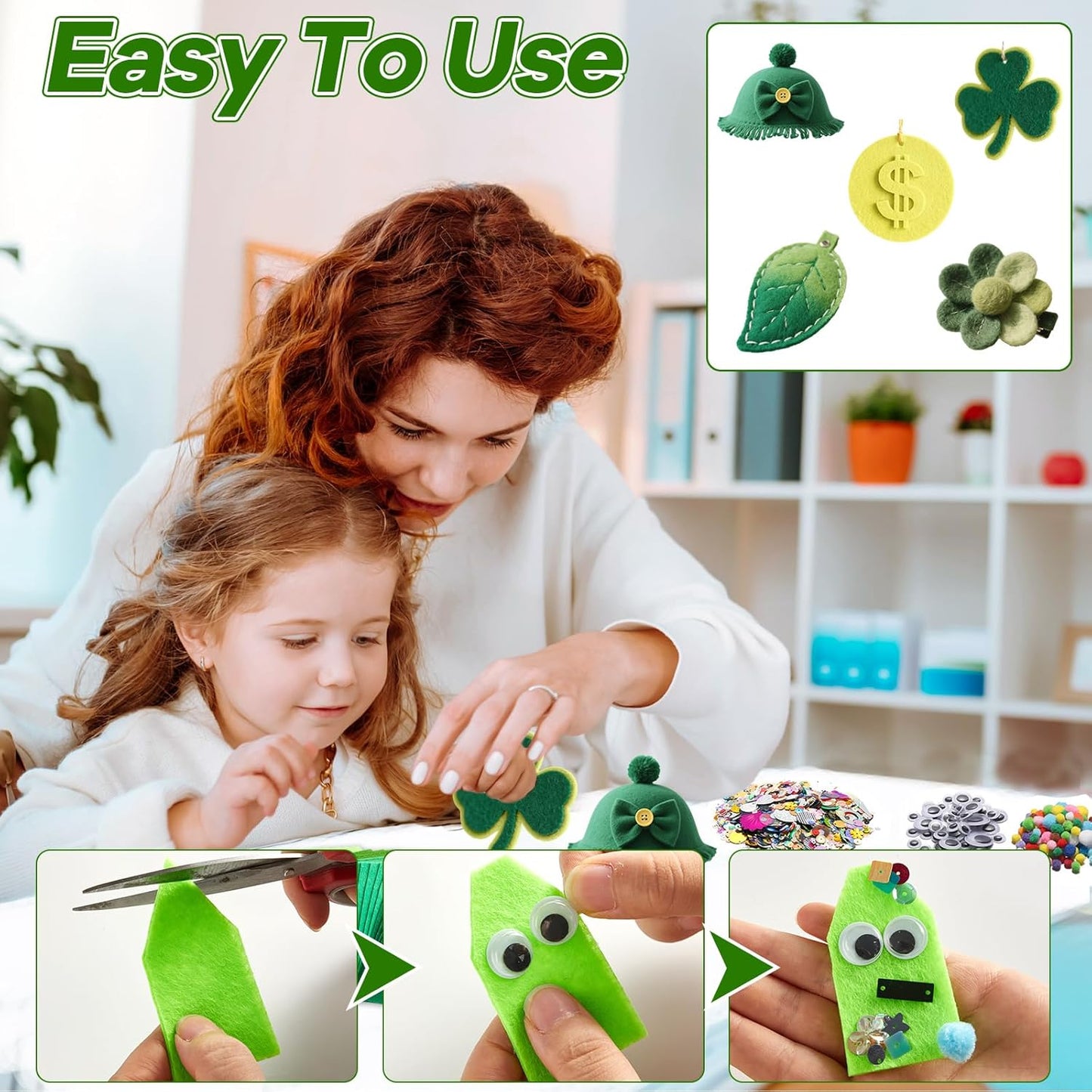 gisgfim 42Pcs Green Felt Fabric Sheets Craft 8 x 12 Inch Assorted Soft Green Gradient Felt Pack with Wiggle Google Eye Pompom Glitter Patchwork Craft for St. Patrick's Day DIY Sewing Project Decor