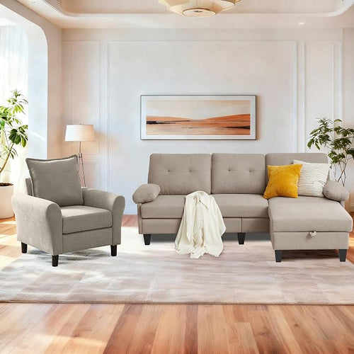 2PCS Sectional Sofa Set with Ottoman, Modern Linen 4 Seater Couch Set with Side by PingLiangHome