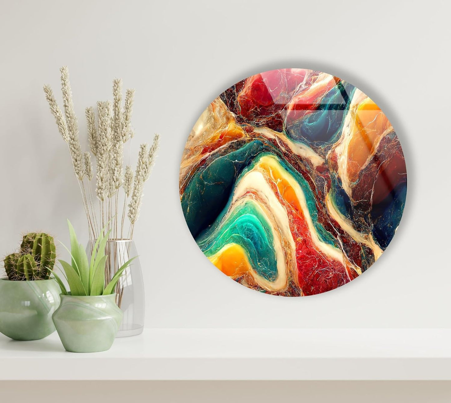 My Photostation.com 10''(25cm) Diameter Colorful Marble Swirl Round Wall Art Abstract Glass Decor with Earthy Tones & Gemstone Texture
