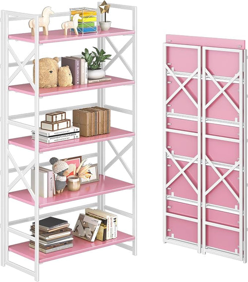 4NM 5 Tiers No Assembly Book Shelves, 51.2" H Folding Bookshelf Bookcase Open by 4NM