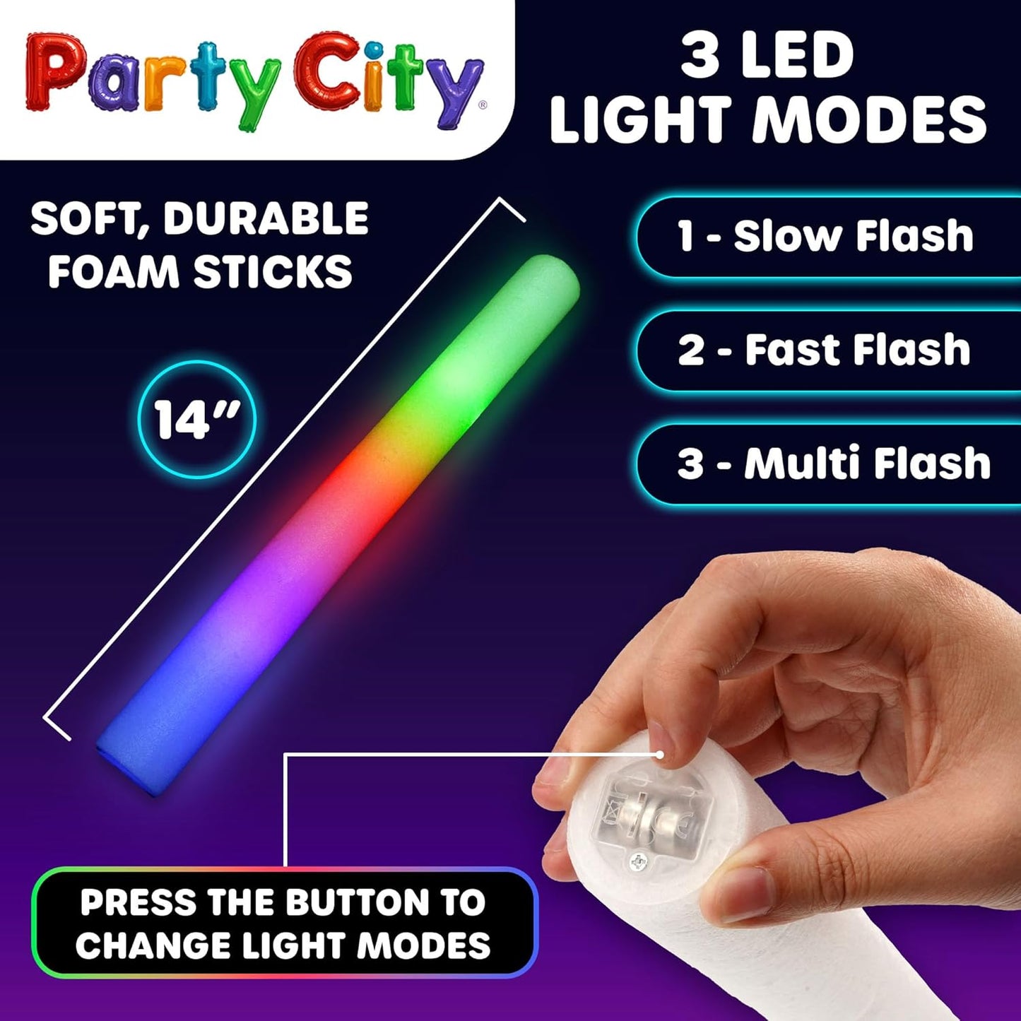 Party City 36pk LED Foam Glow Sticks 14”- Glow in the Dark Party Supplies Favors, Colorful Flashing Wand with 3 Modes, Foam Light Up Sticks Bulk Party Pack for Wedding, Birthday, Concert, Halloween