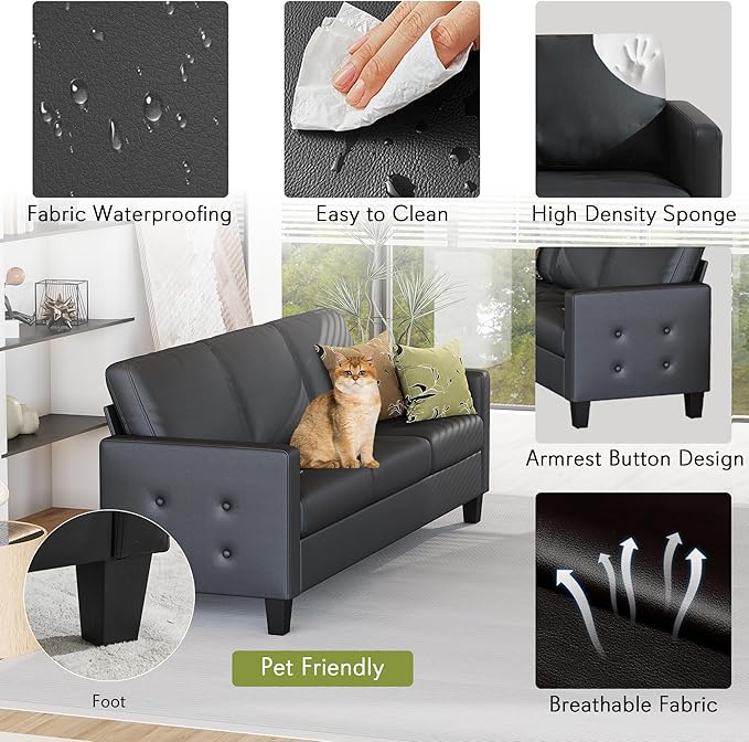 STHOUYN Black Faux Leather 3 Seater Sofa, Loveseat and Accent Chair, Modern - Image 3