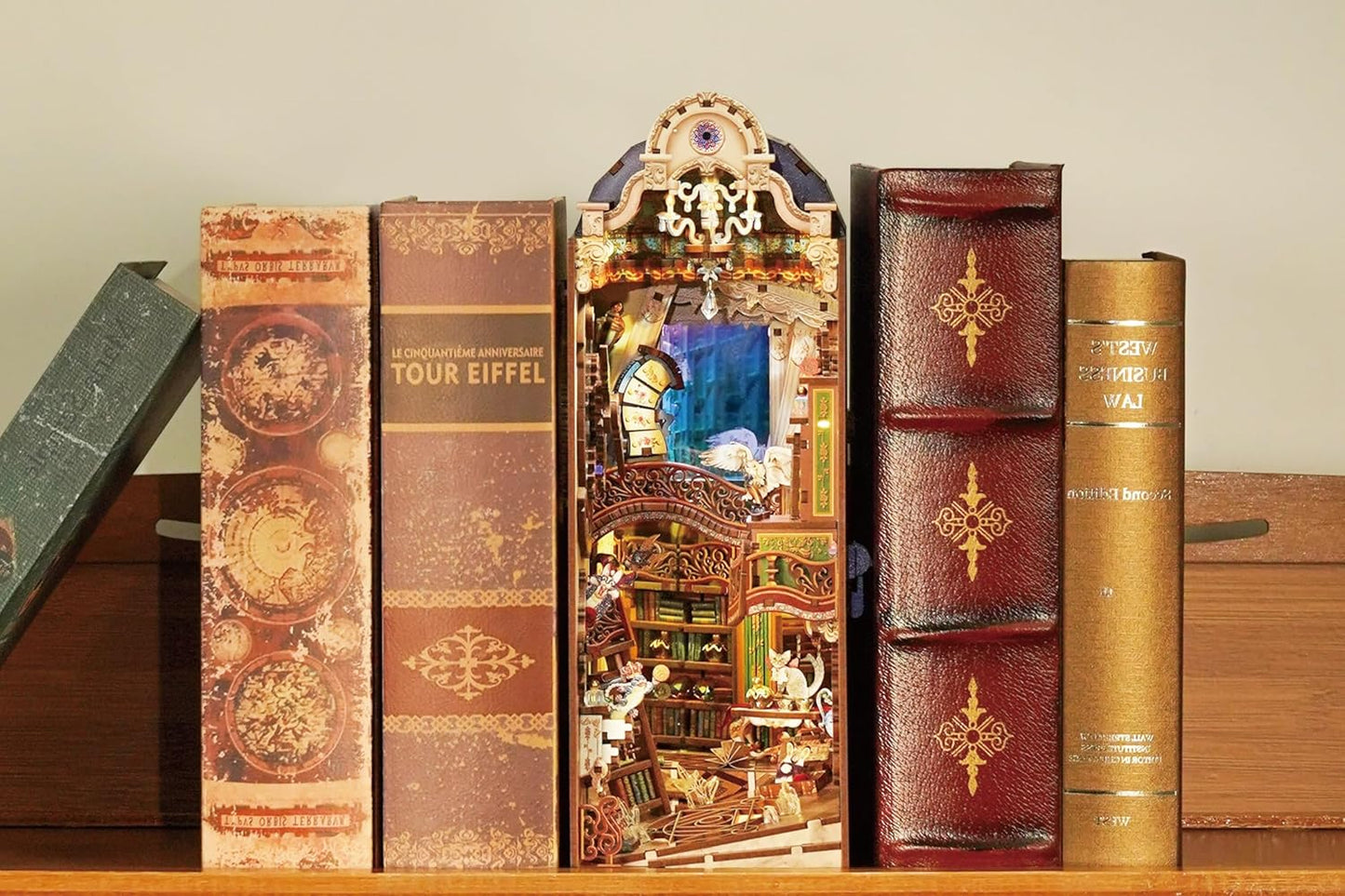 Tonecheer DIY Book Nook Kit for Adults, 3D Wooden Puzzle Bookend Miniature House Kit, Booknook Bookshelf Insert Decor with Dust Cover and LED Lights Gifts (Magical Library)