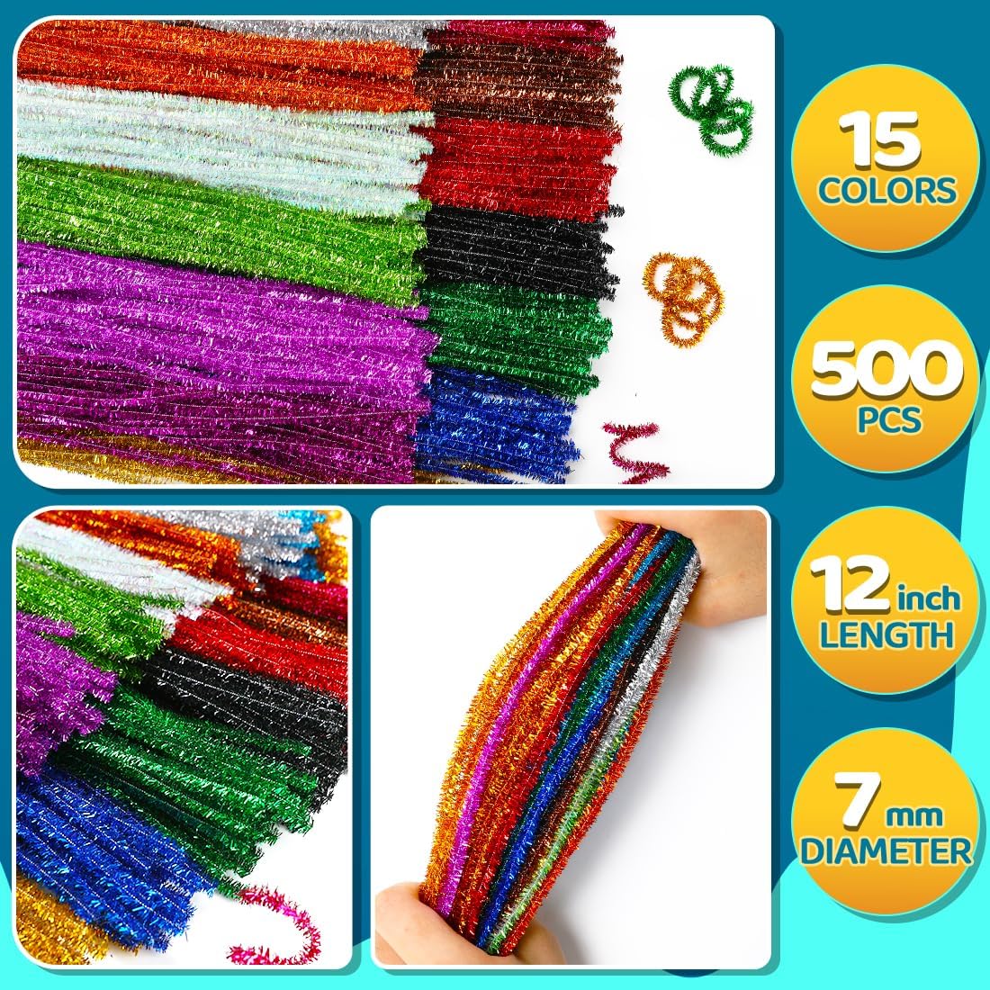 500pcs Pipe Cleaners, Pipe Cleaners for Crafts, Craft Supplies Multicolor Chenille Stems for Art&Craft Christmas DIY Projects(15colors,Glitter)