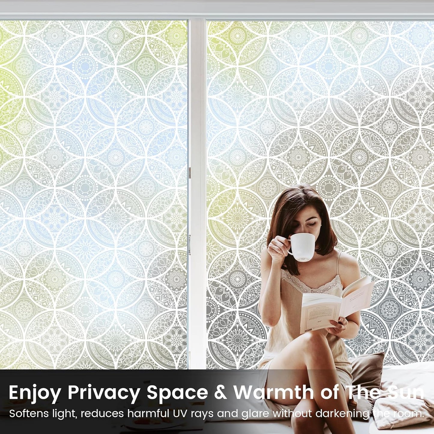 DKTIE Bohemian Decor Stained Glass Window Film with Installation Tools, Two-Way Window Privacy Film, Reduce Glare, Pure White, 17.7 x 78.7 Inch