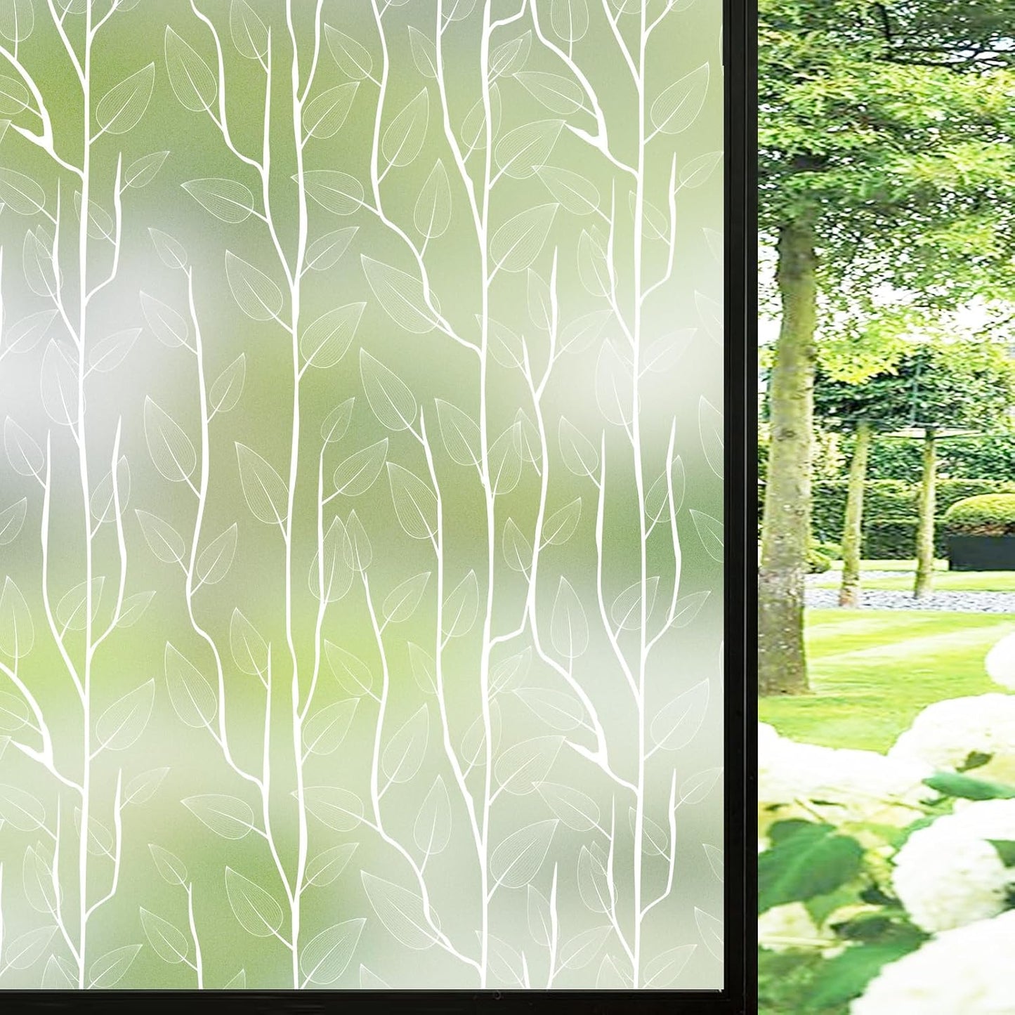 DKTIE Nordic Leaves Window Privacy Film Decorative Stained Glass Sun Blocking Heat Control with Free Installation Tools, Privacy Window Film Day and Night (White, 17.7'' x 78.7'')
