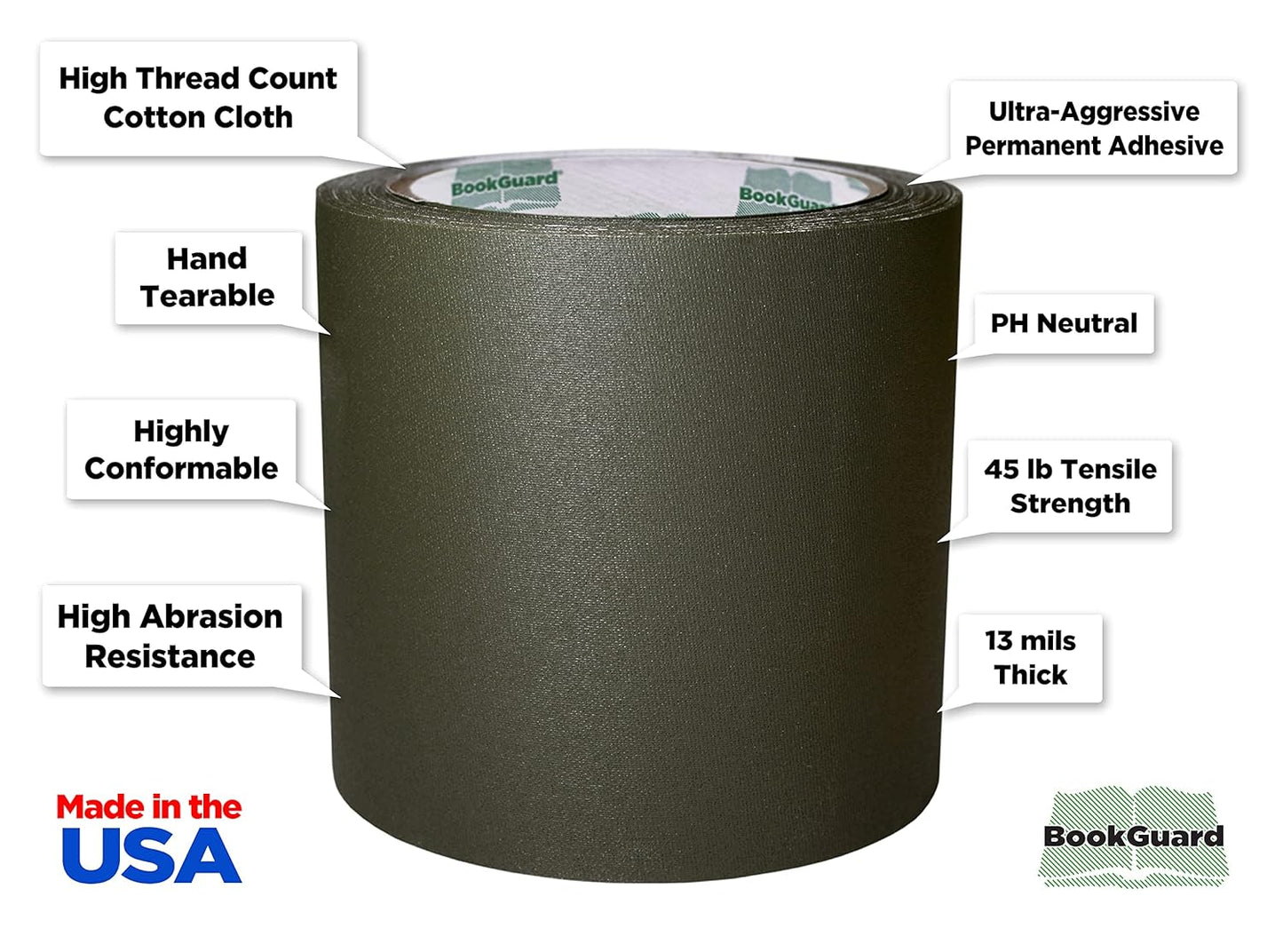 BookGuard 4 inch Premium Bookbinding Repair Cloth Tape, 15 Yard Roll, Olive