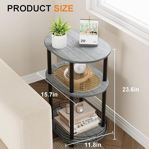 3 Tier Round Side Table with Storage, Oval End Table with Rattan Shelf & Metal - Image 2