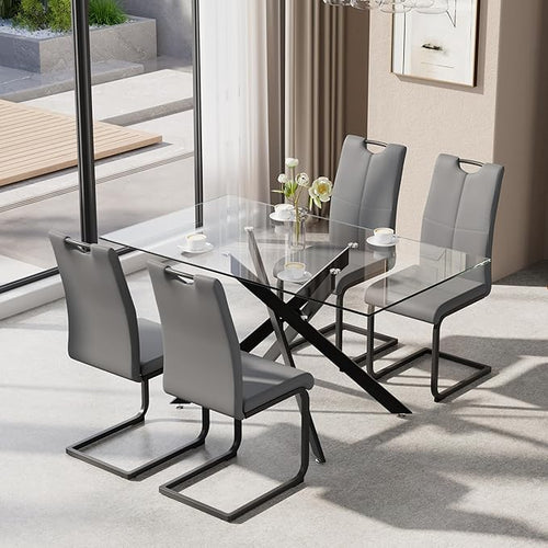 5-Piece Dining Table Set for 4, Modern Rectangular Glass Table by KATBOCFurniture