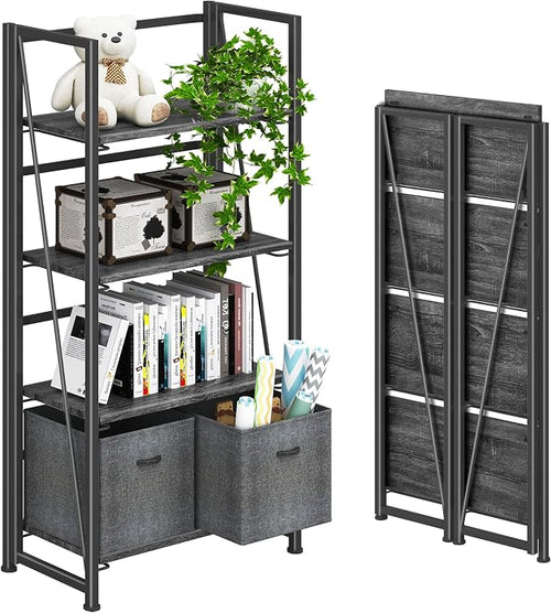 4NM No Assembly Folding Bookshelf Storage Shelves 4 Tiers Vintage Bookcase by 4NM