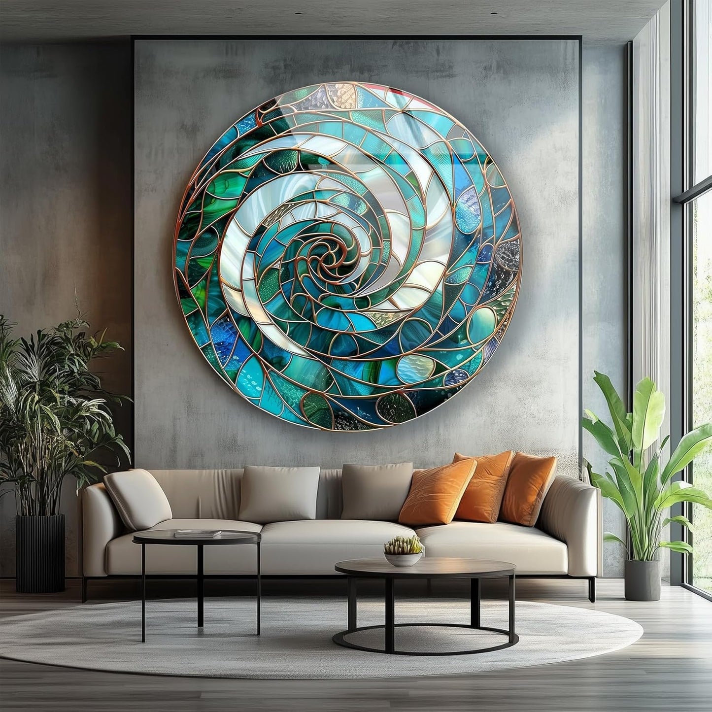 My Photostation.com 24''(60cm) Diameter Aqua Spiral Harmony Round Glass Wall Art Tempered Glass Printing Wall Decor Large Wall Art Wall Hangings