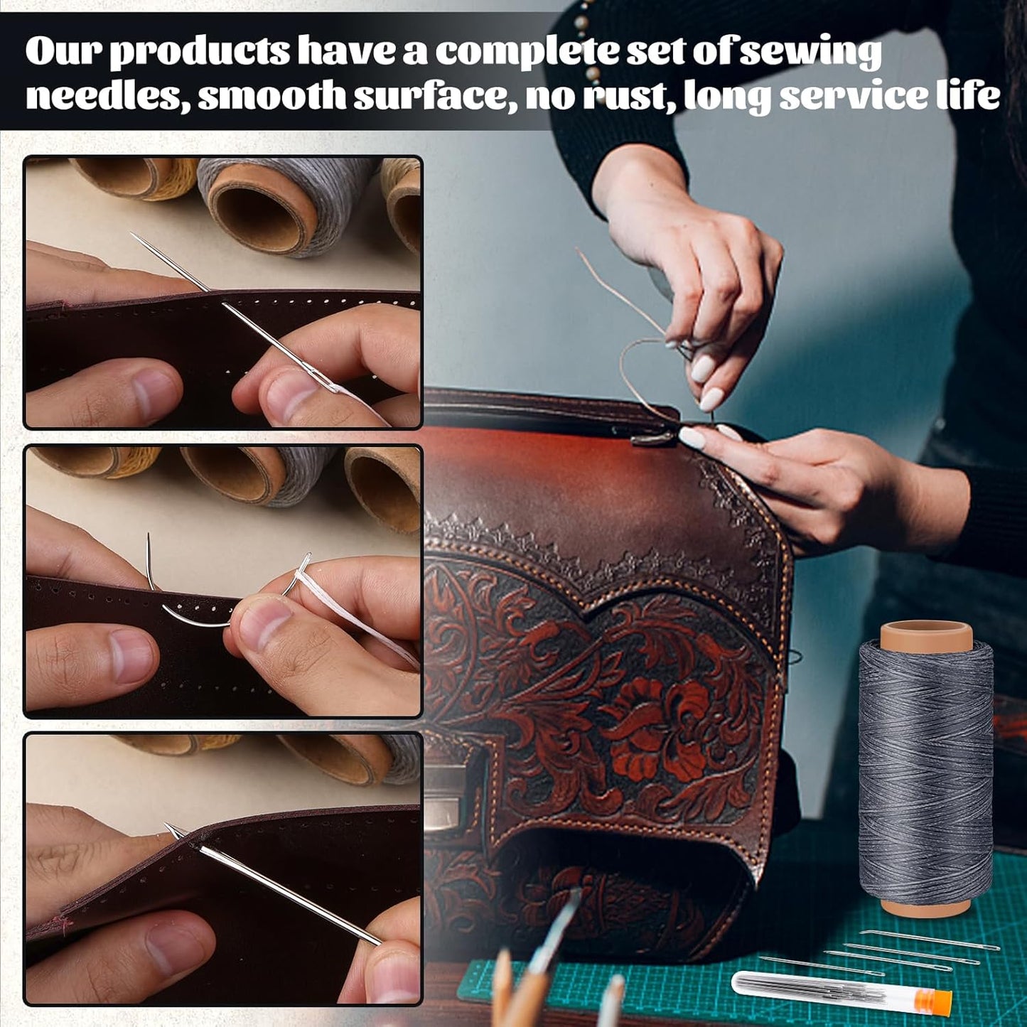 Tikjiua 492ft Upholstery Needle Threads, 164Yards Leather Waxed Thread with Curved Needles, Upholstery Repair Leather Thread and Needles for Canvas Carpet Sofa Furniture Repair