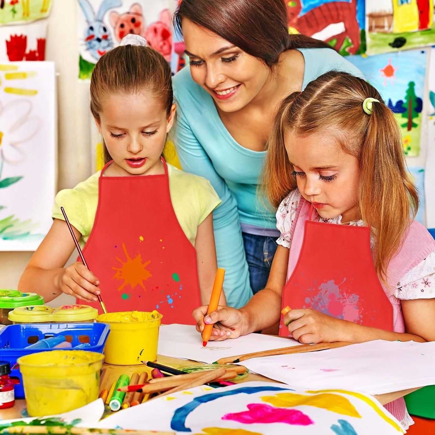 PLULON 15 Pcs Kids Apron Painting Aprons, Kids Aprons for Painting Red Apron Art Apron Smocks Bulk for Art Activity Craft Home Kitchen Classroom Party Supplies