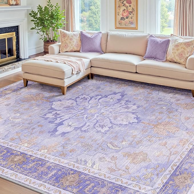 RELEANY Area Rugs 7'x10' Washable Non-Slip, Floral Vintage Distress Print by RELEANY