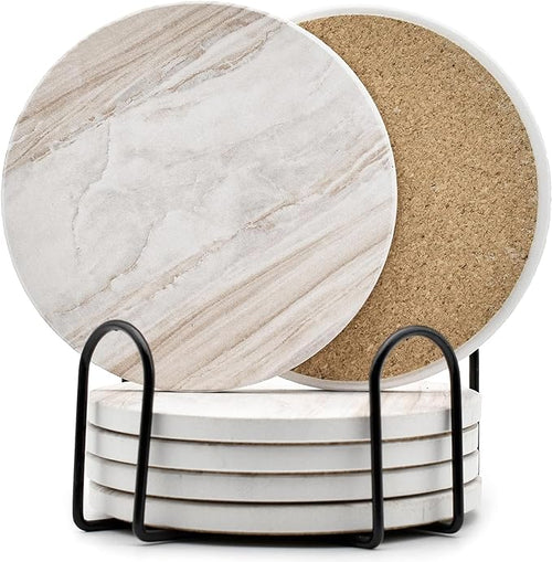 6Pcs Drink Coasters with Holder, Marble Style Ceramic Drink Coaster, Absorbent by Hoewina
