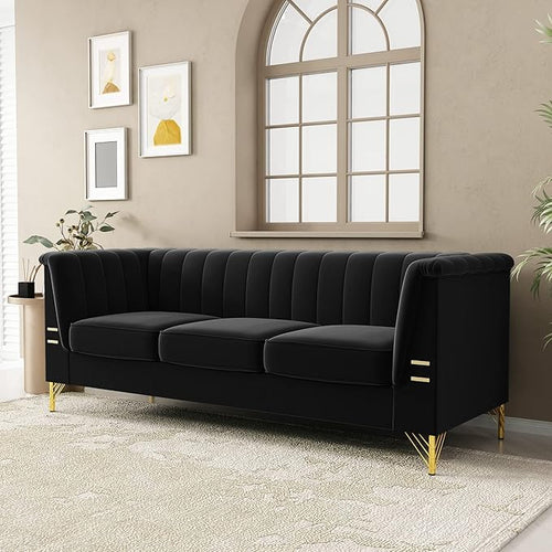 83.46" W Black Velvet Sofa Couch by yunqishiHOME