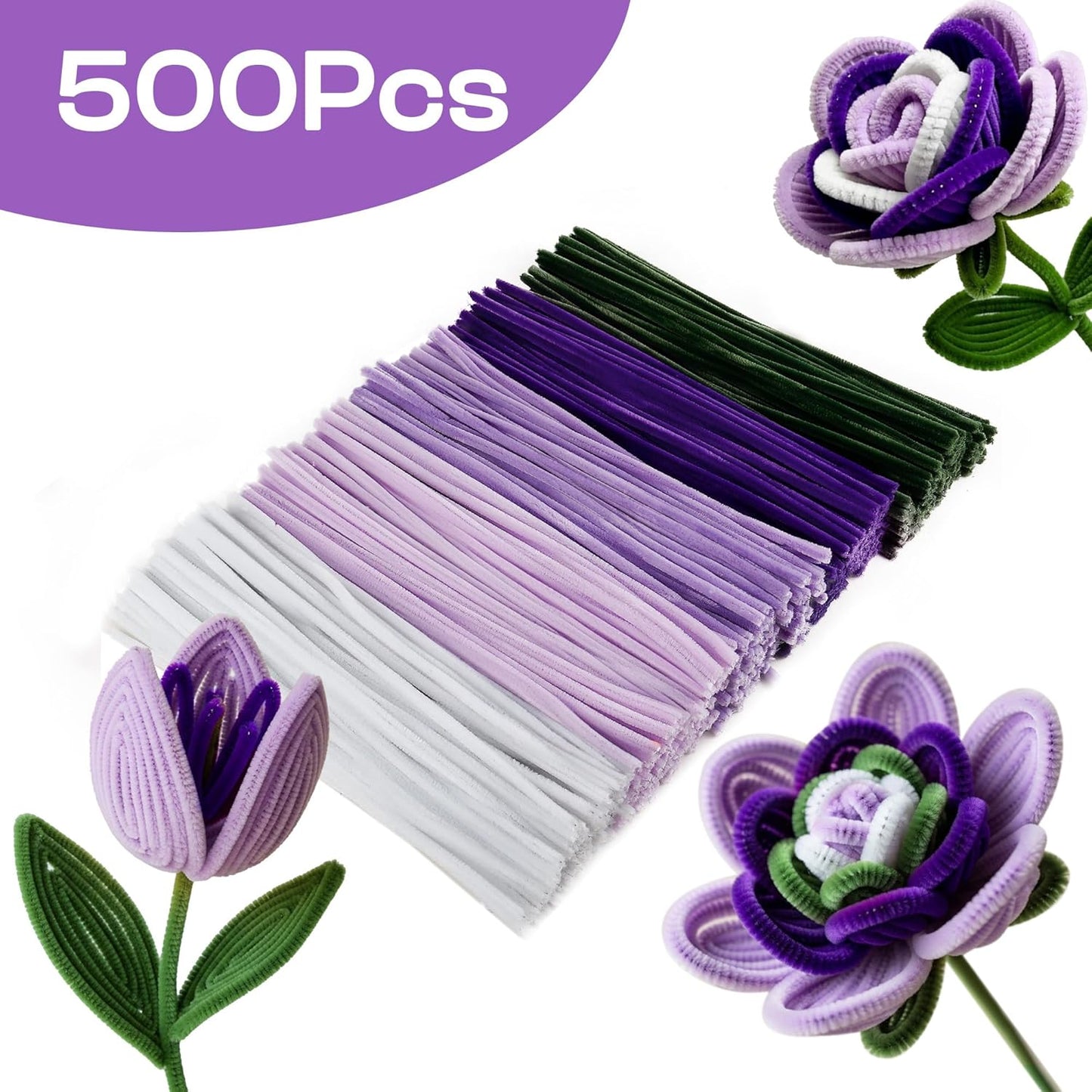 Caydo 500 Pieces Purple Flowers Pipe Cleaners, Chenille Stems, Pipe Cleaner Crafts for DIY Art and Craft Projects Creative Gift Party Decorations