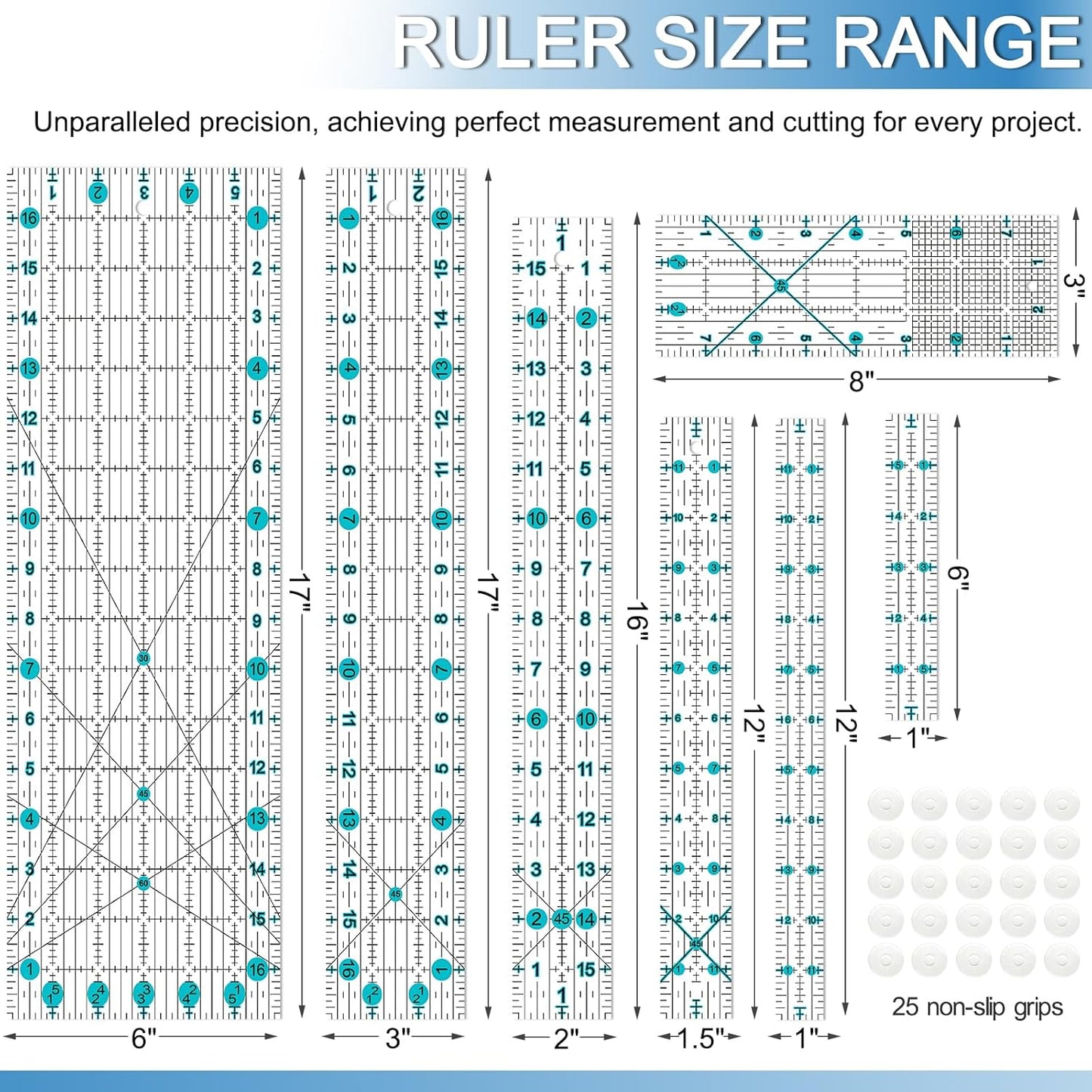 Quilting Ruler, Sewing Ruler, 8 Pack, Acrylic Quilting Templates(6"x17", 3"x17", 2"x16", 1.5"x12", 1"x12", 1"x6", 8"x3"), Non Slip Rings 25 Pieces, Sewing and Quilting Supplies - Clear/Blue