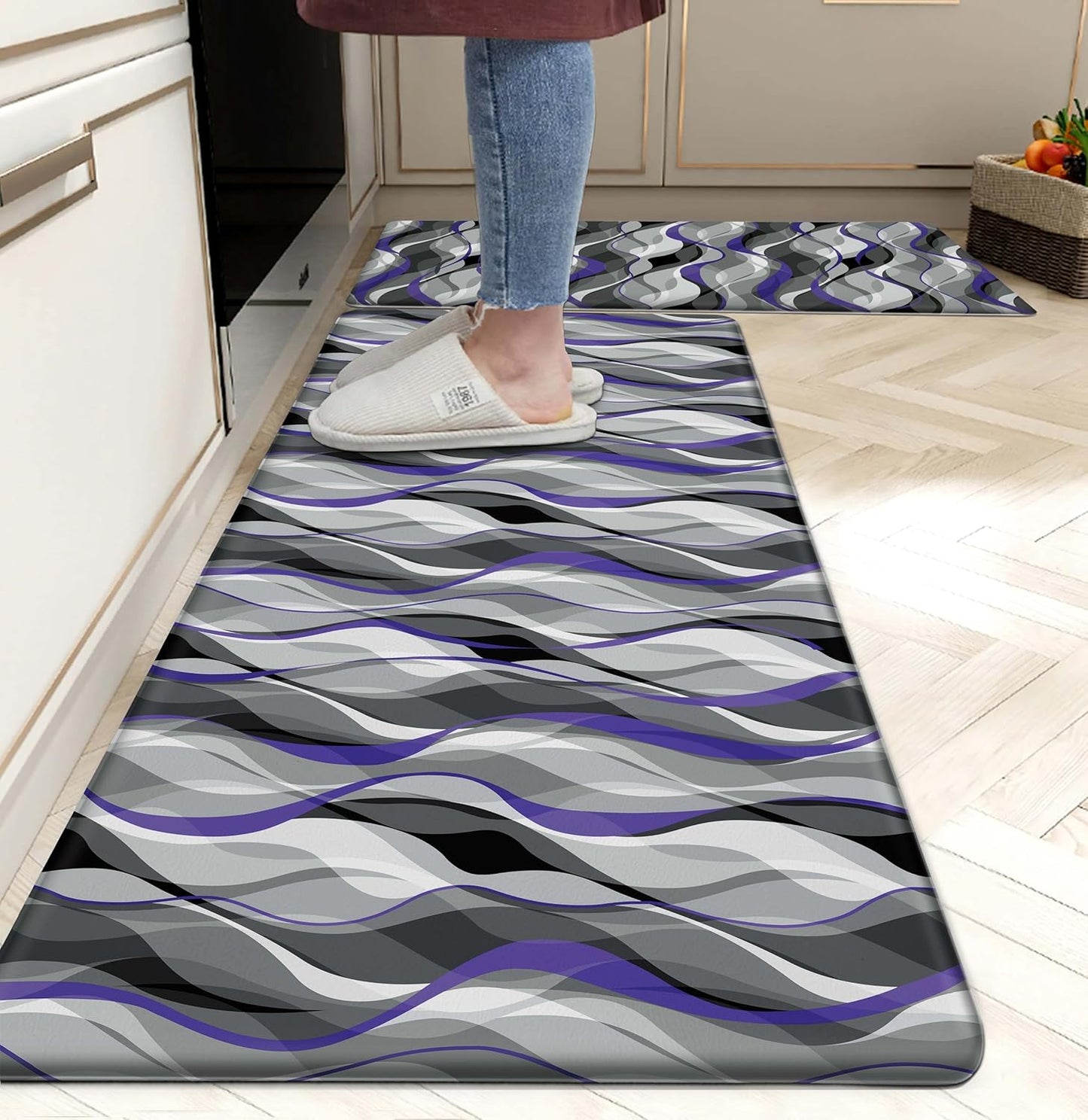 Kitchen Mats for Floor Modern Abstract kitchen rugs Grey and Purple Stripe Anti Fatigue Kitchen Mats Waterproof Floor Mats Cushioned Non-Skid Standing Mats for Kitchen, Set of 2,17.3 x 28+17.3 x 47