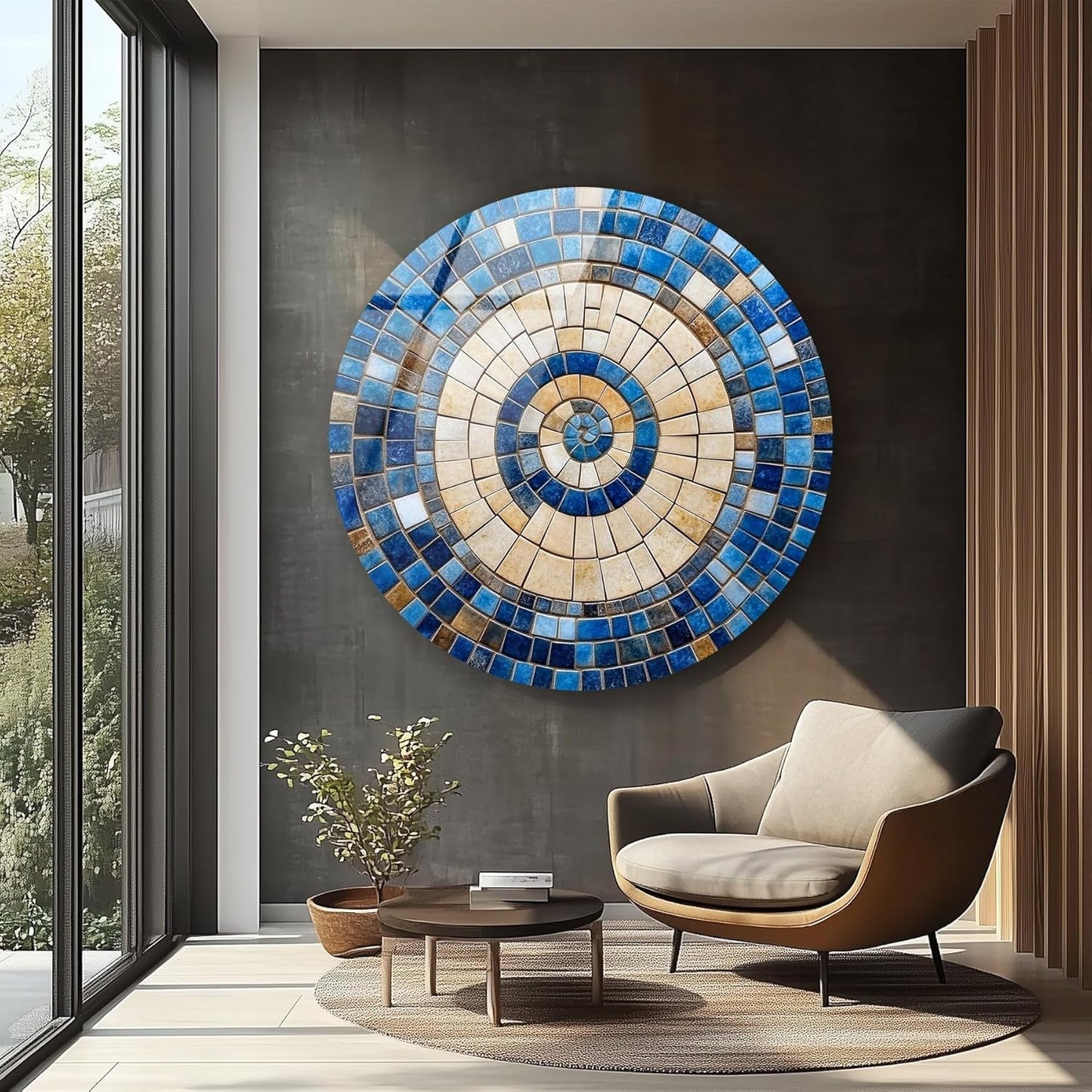 My Photostation.com 39,4''(100cm) Diameter Coastal Sunburst Beige & Blue Round Glass Wall Art Tempered Glass Printing Wall Decor Large Wall Art Wall Hangings
